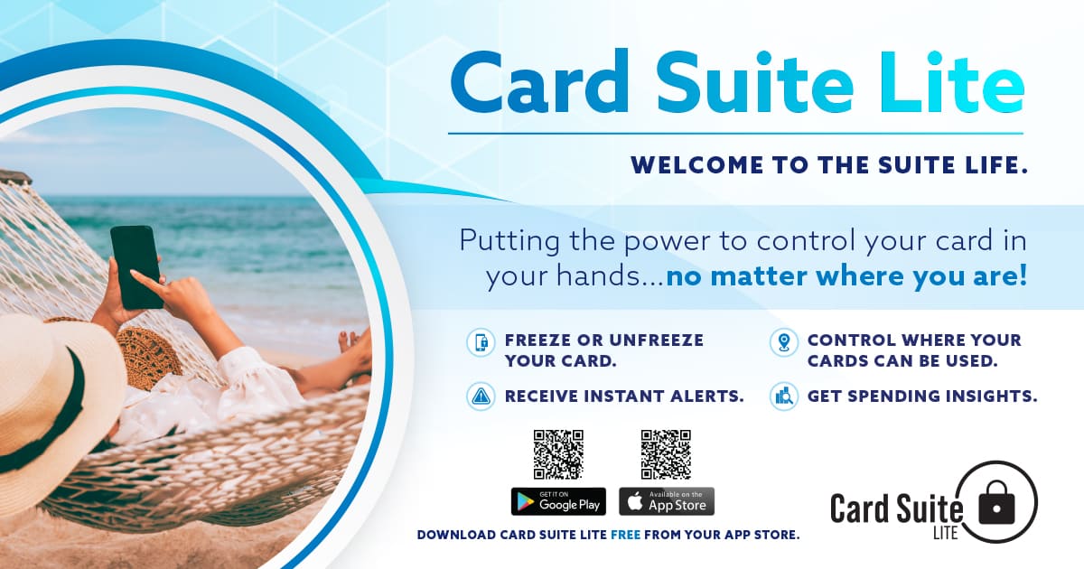 Image of woman on a beach. Copy says Card Suite Lite.