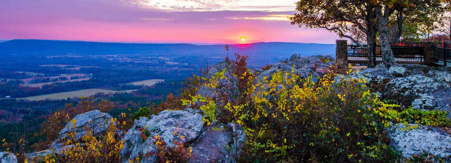 A sunset at over rocks and the river valley in Arkansas