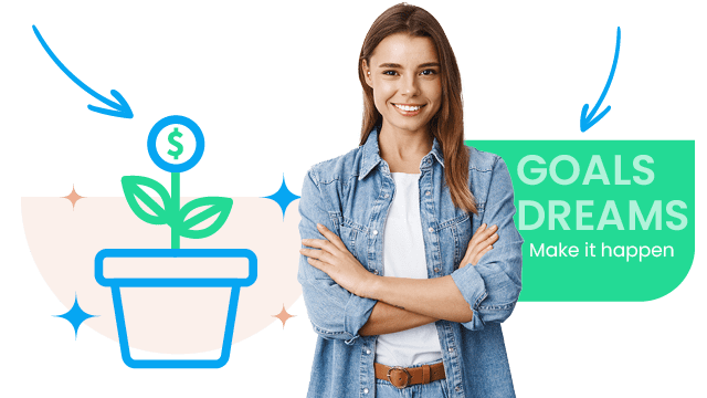 Girl smiling next to illustration of a flower pot with money in it.