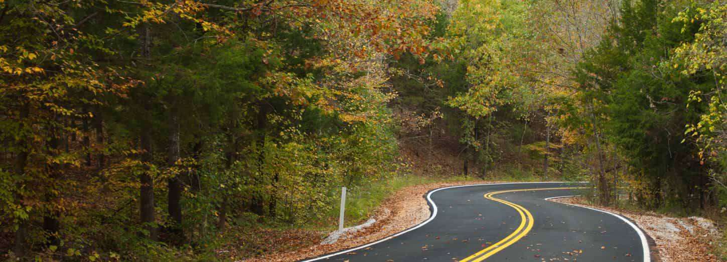 A winding road in the fall of the year. Trees are fall colors.