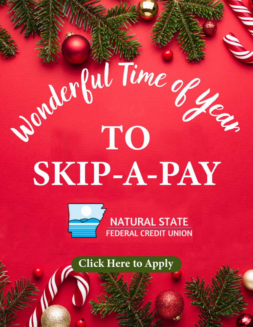 Skip-A-Pay graphic with candy canes and holly in background.